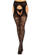 Rhiannon Lace Suspender Hose by Leg Avenue – sexy black rose lace pantyhose with built-in garterbelt, fishnet design, and high-quality fabric.