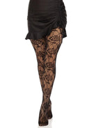 Wild Rose Net Tights with floral design and diamond pattern paired with black skirt for a romantic and bold look