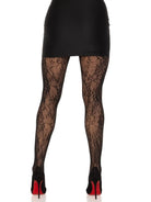 Women wearing black Garden Rose Lace Tights with floral design, showcasing high quality Leg Avenue hosiery paired with black heels and a black skirt