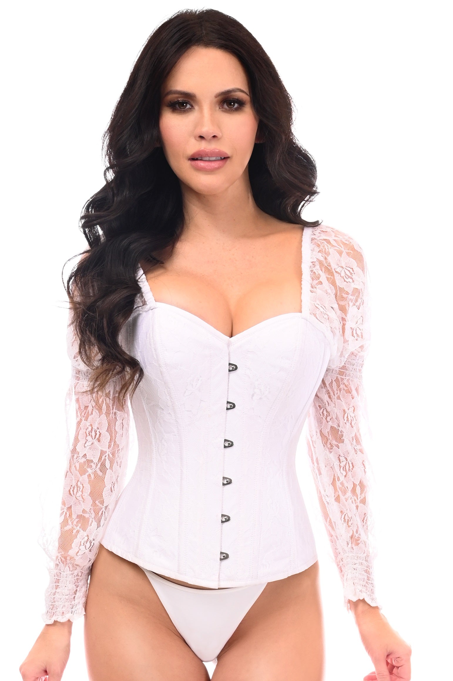 Daisy TD-078 White w/White Lace Steel Boned Long Sleeve Corset