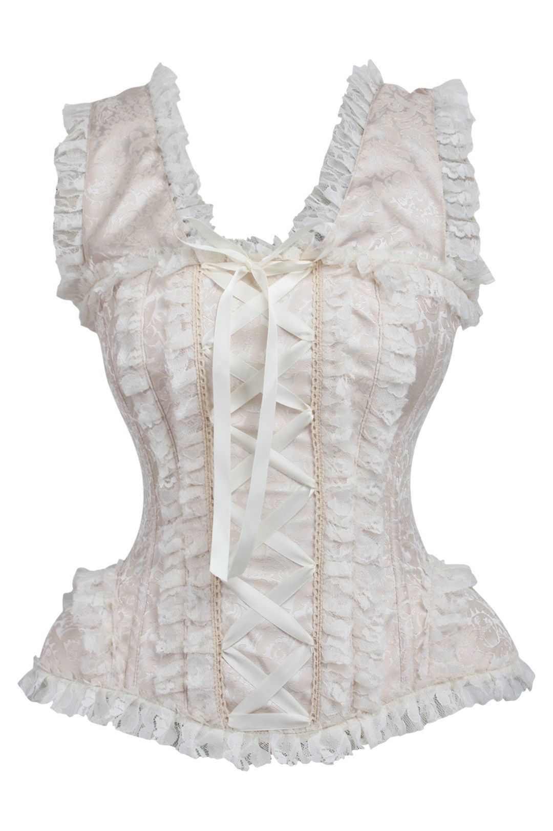 Daisy TD-140 Ivory Brocade & Lace Steel Boned Corset w/Cap Sleeves