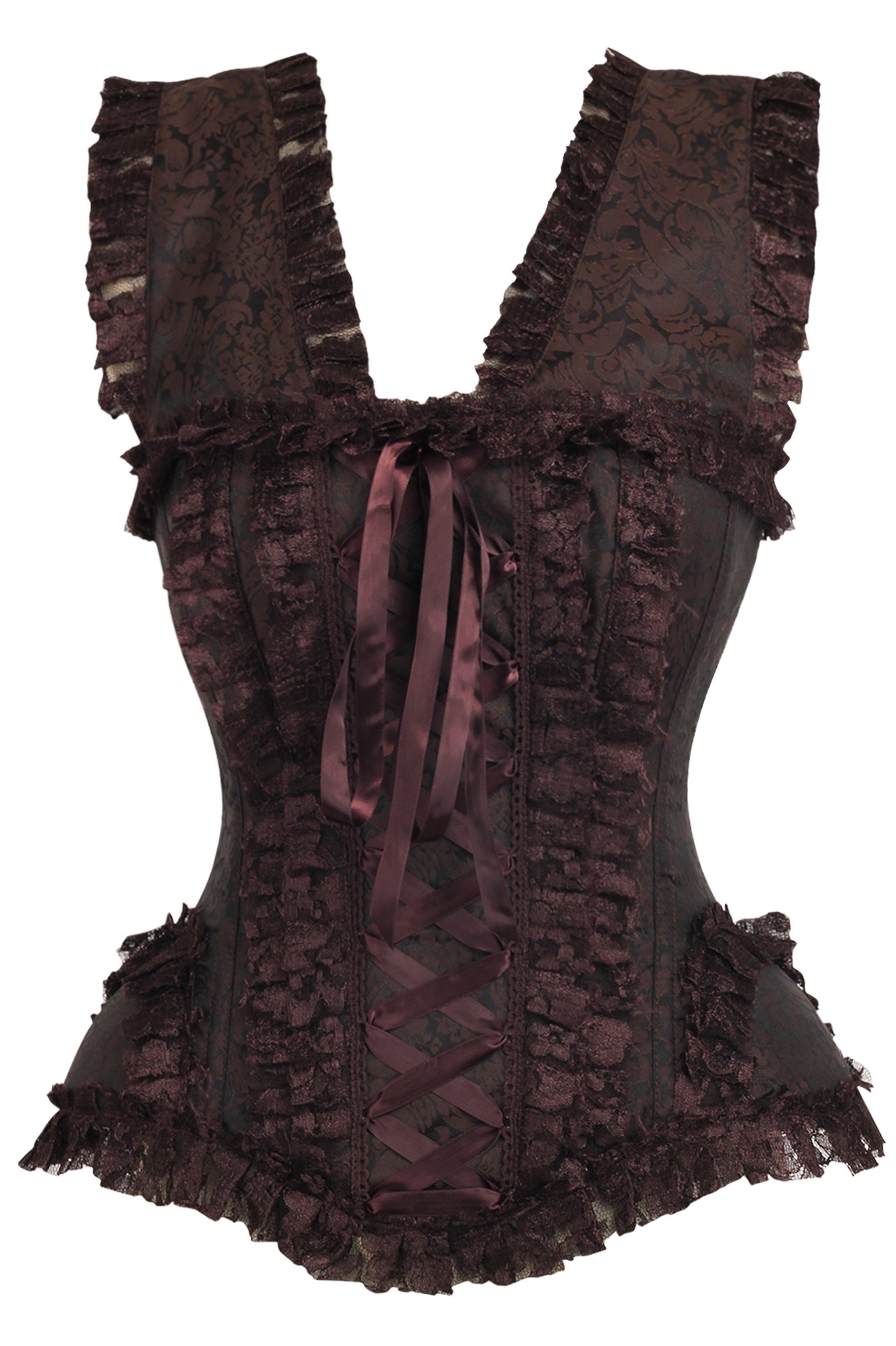 Daisy TD-211 Brown Swirl Brocade & Lace Steel Boned Corset w/Cap Sleeves