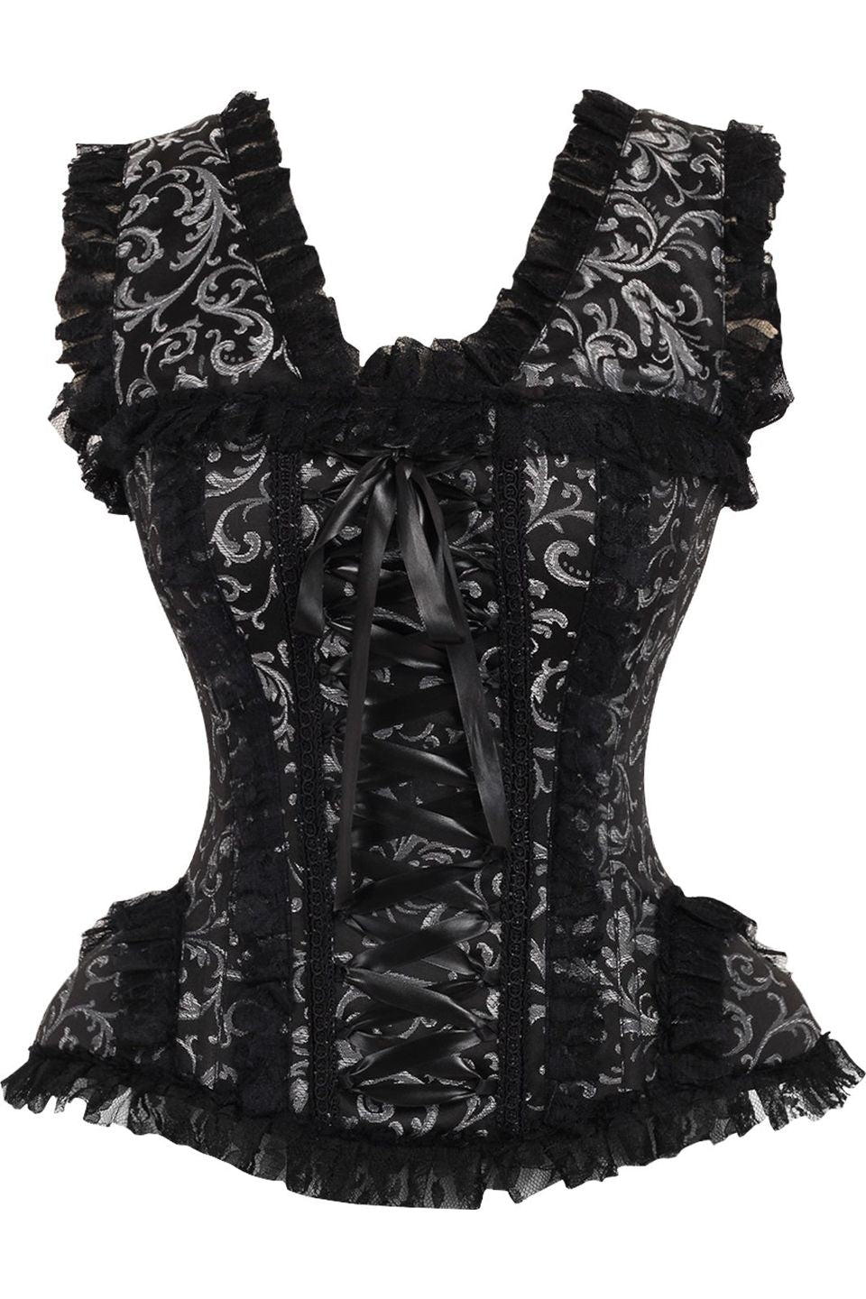 Daisy TD-212 Silver/Black Swirl Brocade & Lace Steel Boned Corset w/Cap Sleeves