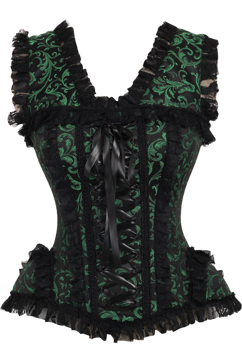 Daisy TD-213 Green/Black Swirl Brocade & Lace Steel Boned Corset w/Cap Sleeves