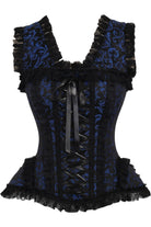 Daisy TD-217 Blue/Black Swirl Brocade & Lace Steel Boned Corset w/Cap Sleeves