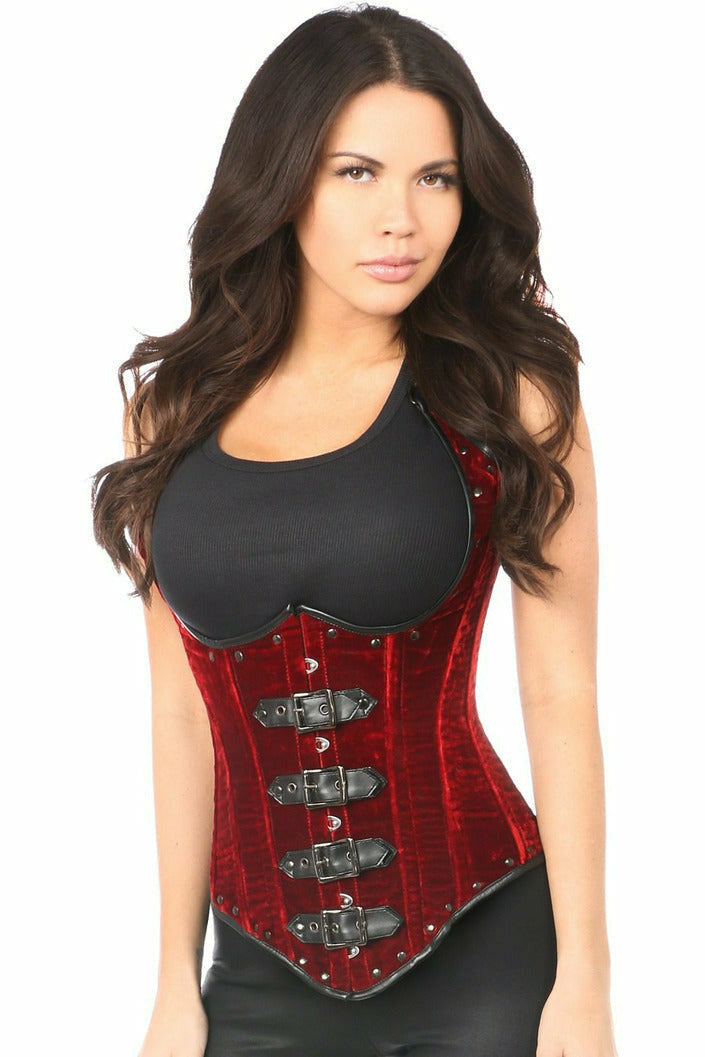 Daisy Steel Boned Red Velvet Underbust Corset w/Buckling TD-479