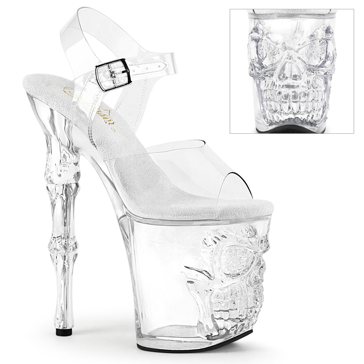 Pleaser Rapture-808 Clear Skull Platform Ankle Strap Sandal