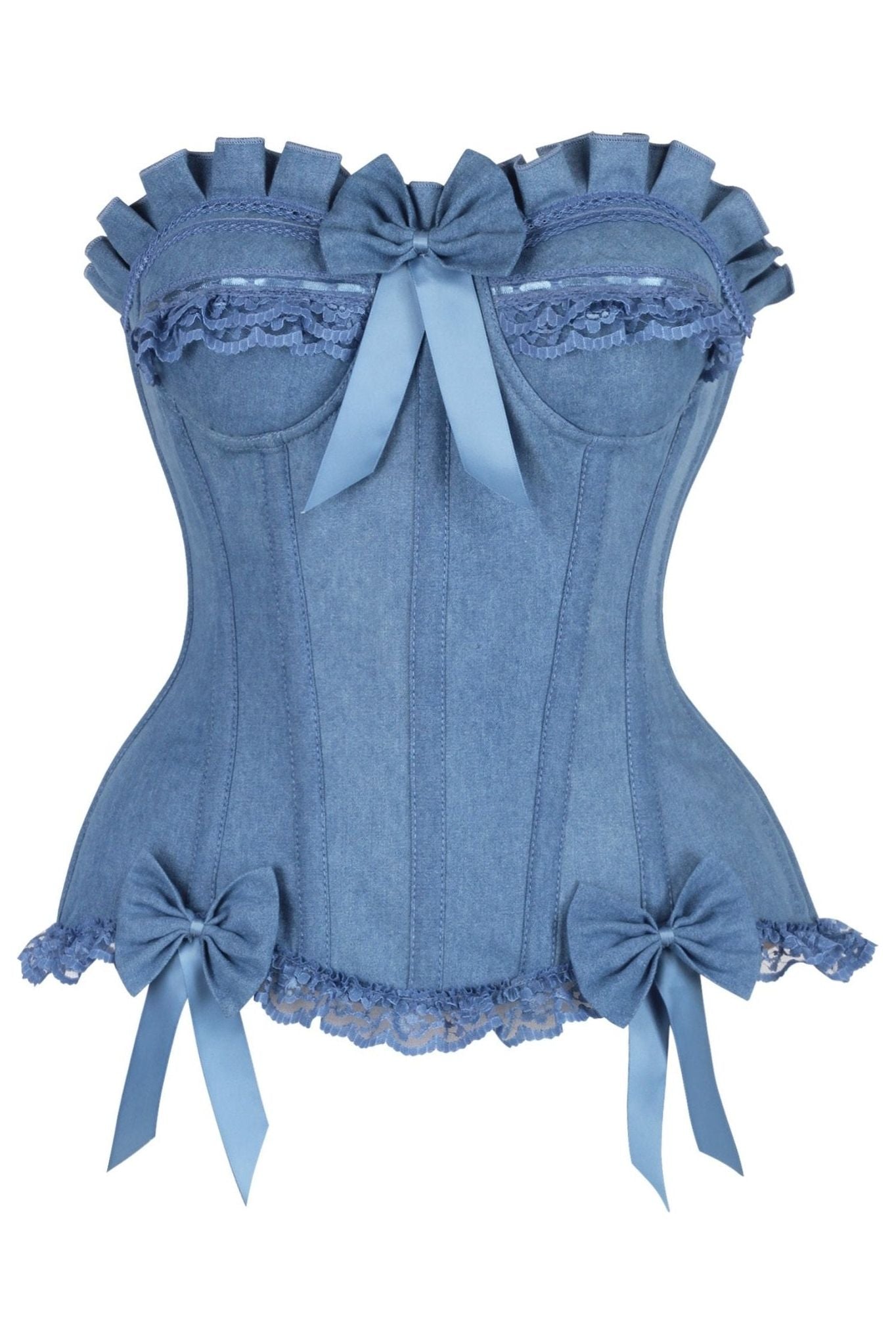 Top Drawer Blue Denim Underwire Steel Boned Burlesque Corset w/Bows - Daisy Corsets