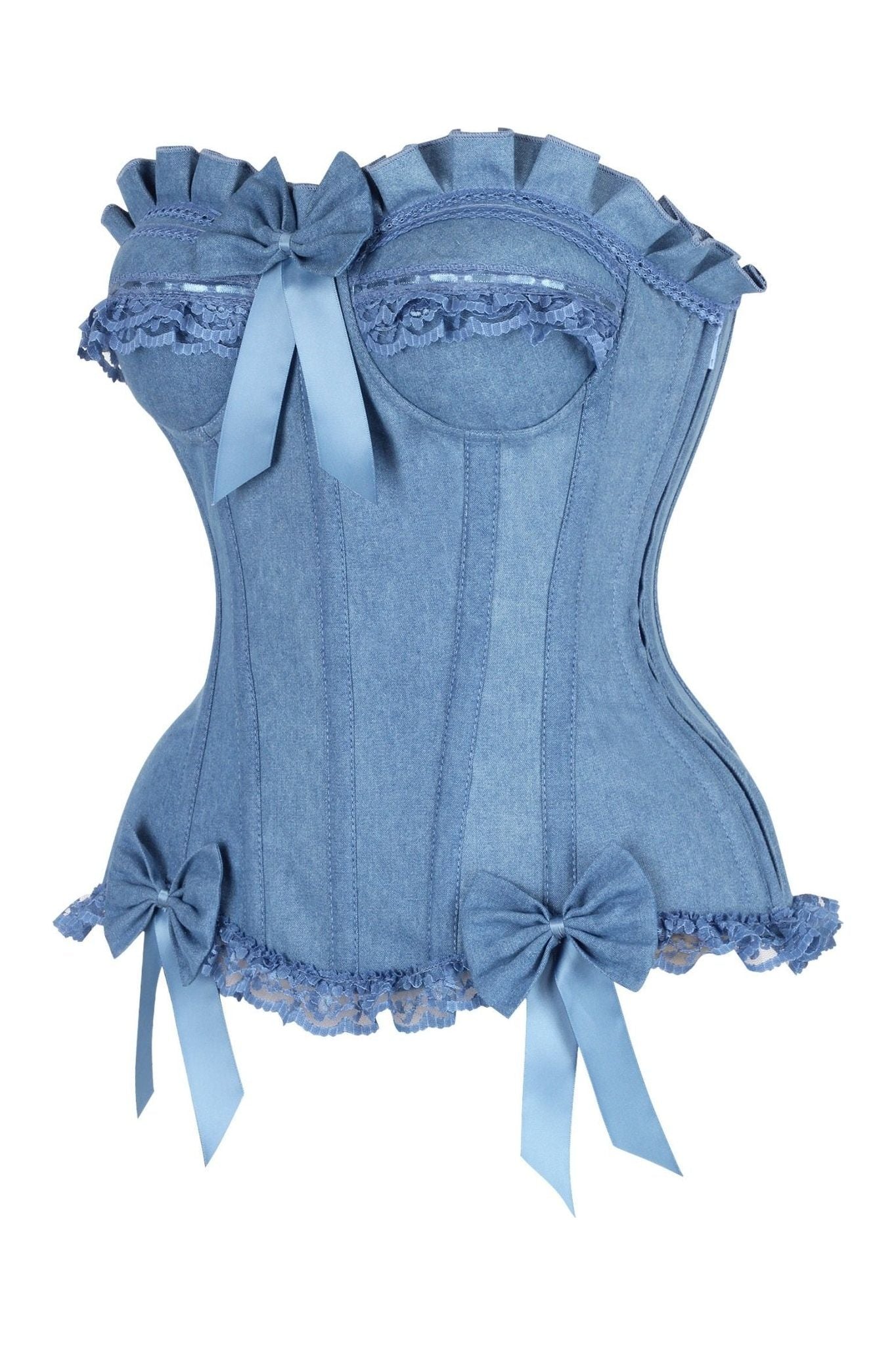 Top Drawer Blue Denim Underwire Steel Boned Burlesque Corset w/Bows - Daisy Corsets