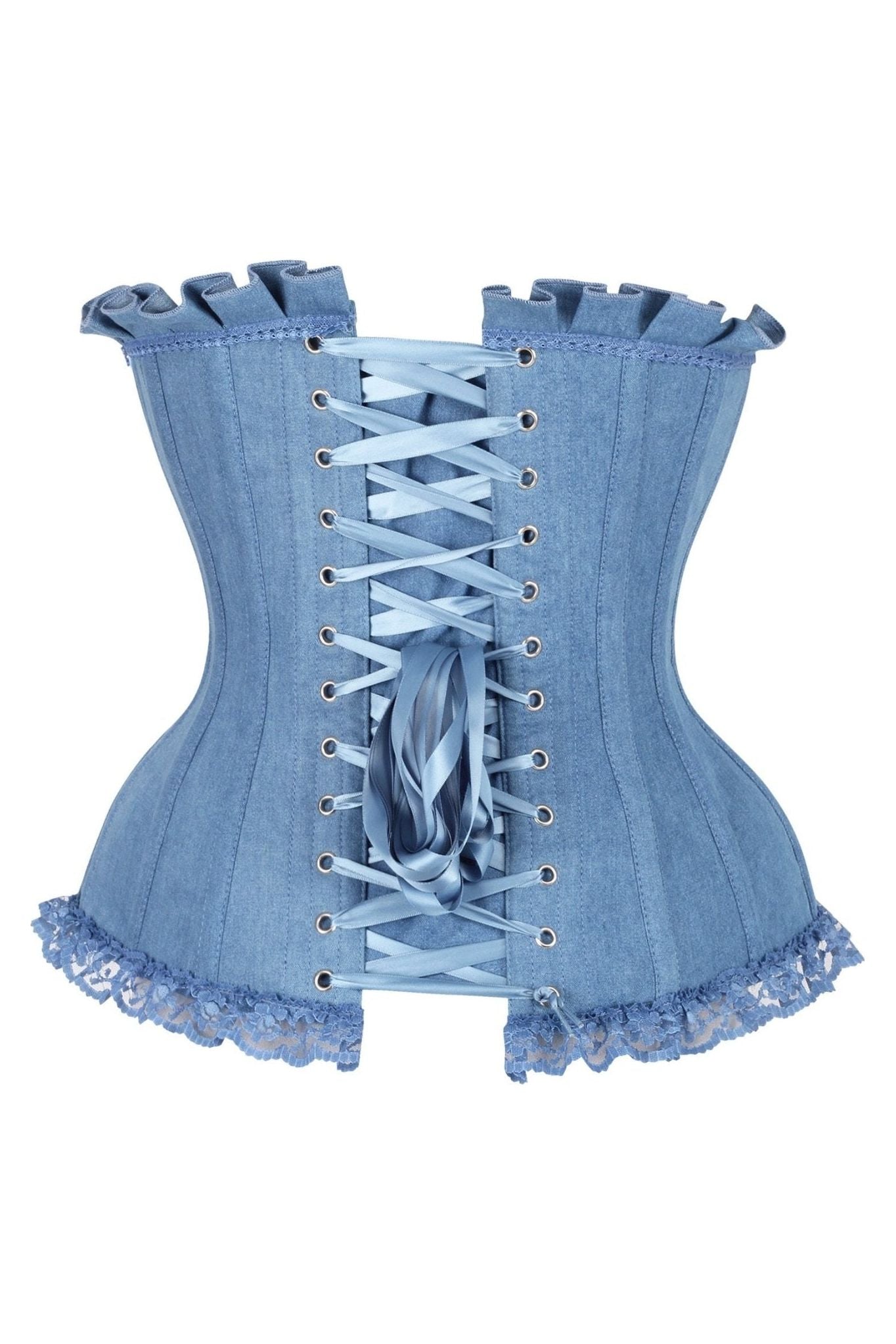 Top Drawer Blue Denim Underwire Steel Boned Burlesque Corset w/Bows - Daisy Corsets