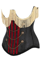 Top Drawer Burlesque Underbust Black/Dark Red Steel Boned Corset w/Gold Fringe - Daisy Corsets