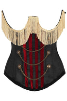 Top Drawer Burlesque Underbust Black/Dark Red Steel Boned Corset w/Gold Fringe - Daisy Corsets