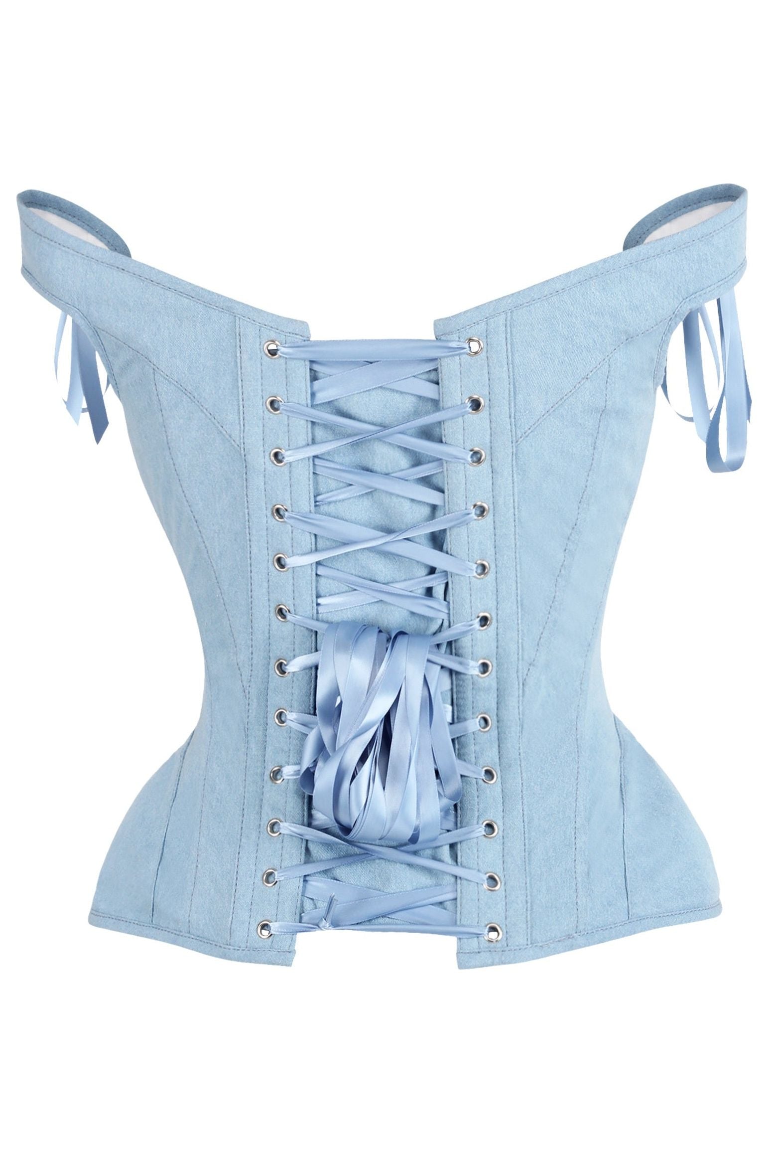 Top Drawer Light Blue Denim Steel Boned Corset w/Straps - Daisy Corsets