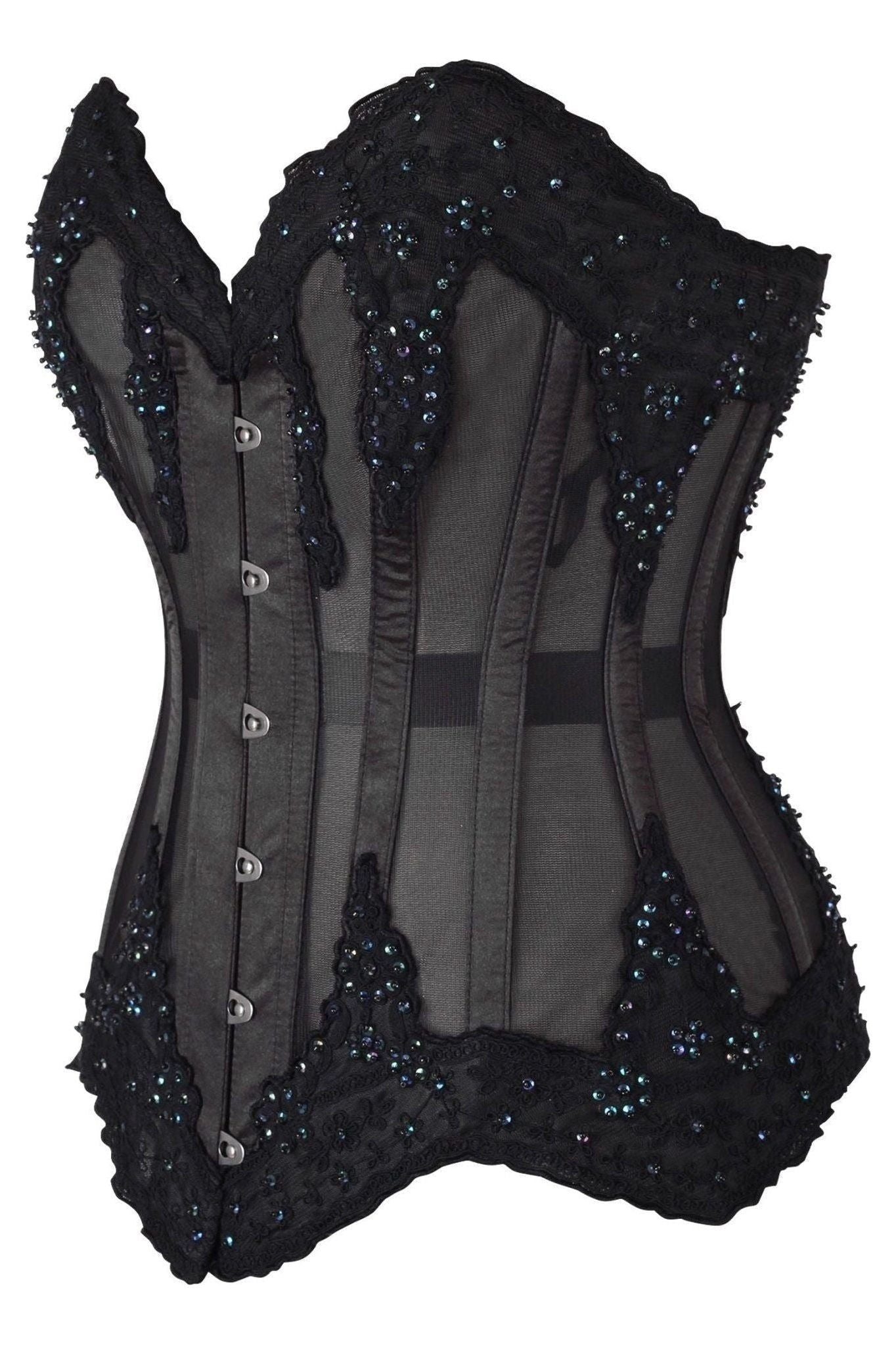 Top Drawer Sheer Black Mesh & Beaded Steel Boned Overbust Corset - Daisy Corsets