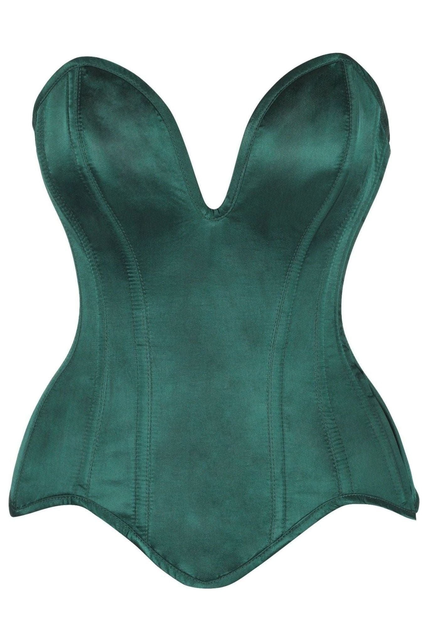 Top Drawer Steel Boned Dark Green Satin Plunge Neckline Overbust Corset - Daisy Corsets