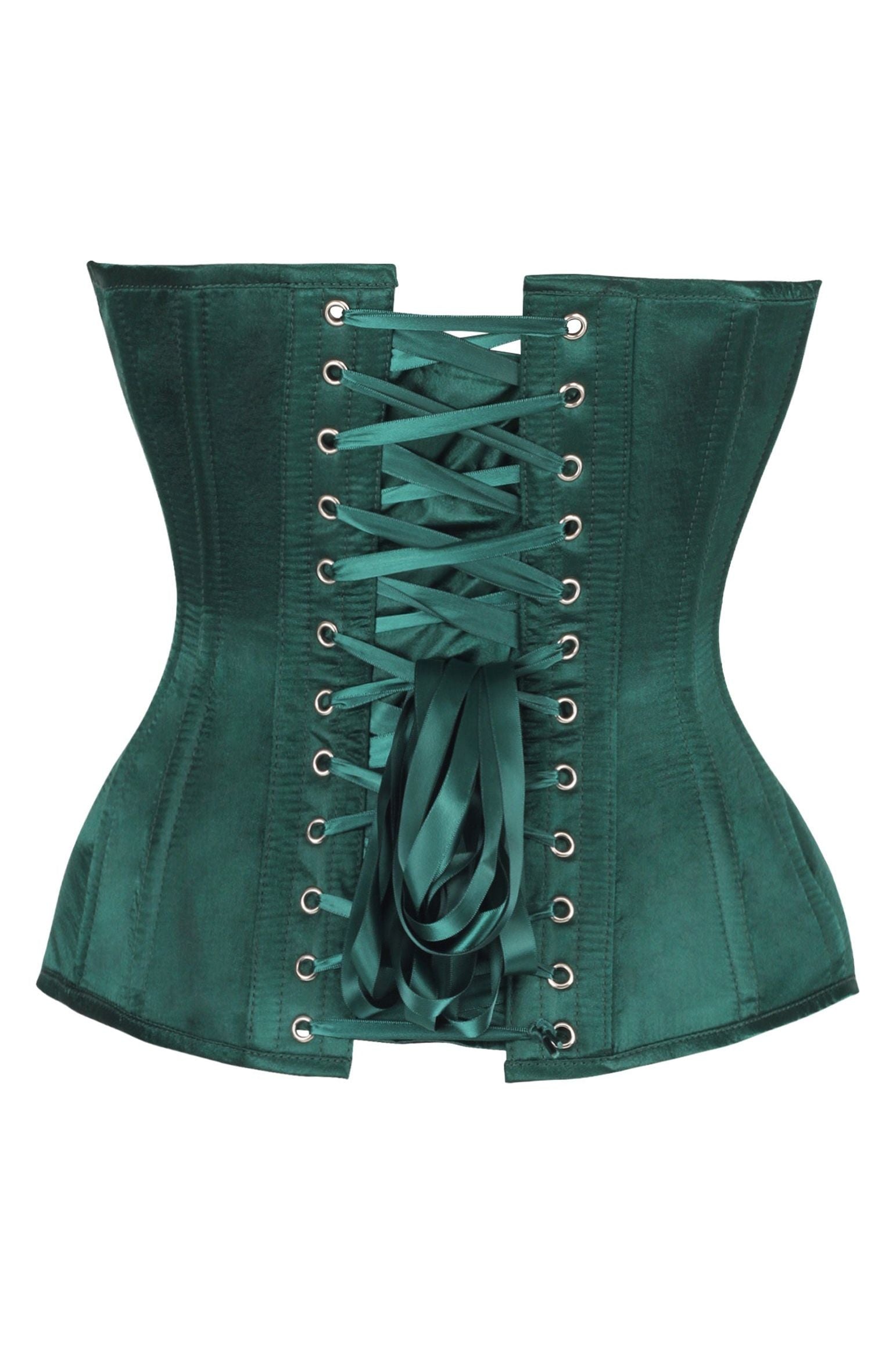 Top Drawer Steel Boned Dark Green Satin Plunge Neckline Overbust Corset - Daisy Corsets