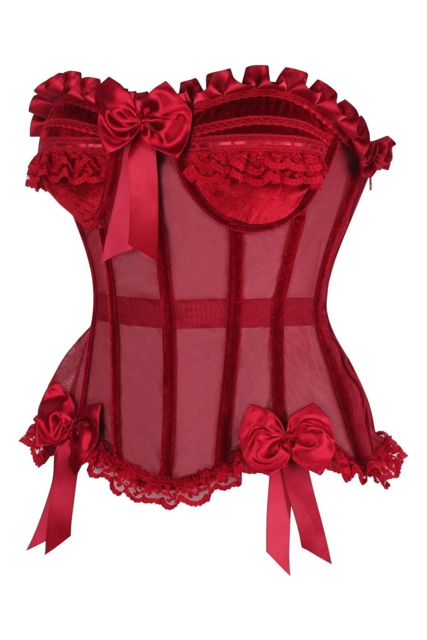 Top Drawer Steel Boned Dark Red Mesh & Velvet Underwire Bustier Corset - Daisy Corsets