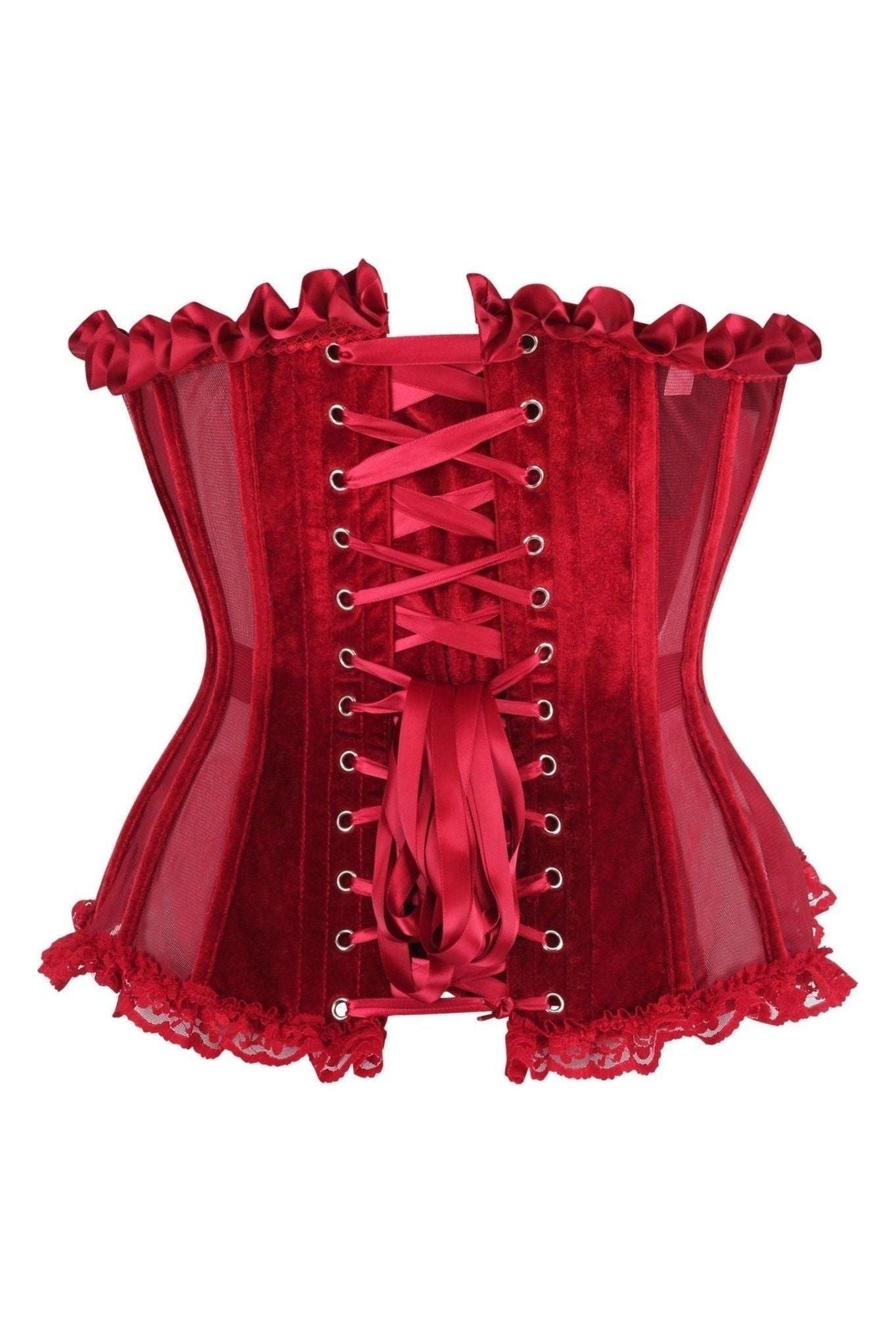 Top Drawer Steel Boned Dark Red Mesh & Velvet Underwire Bustier Corset - Daisy Corsets