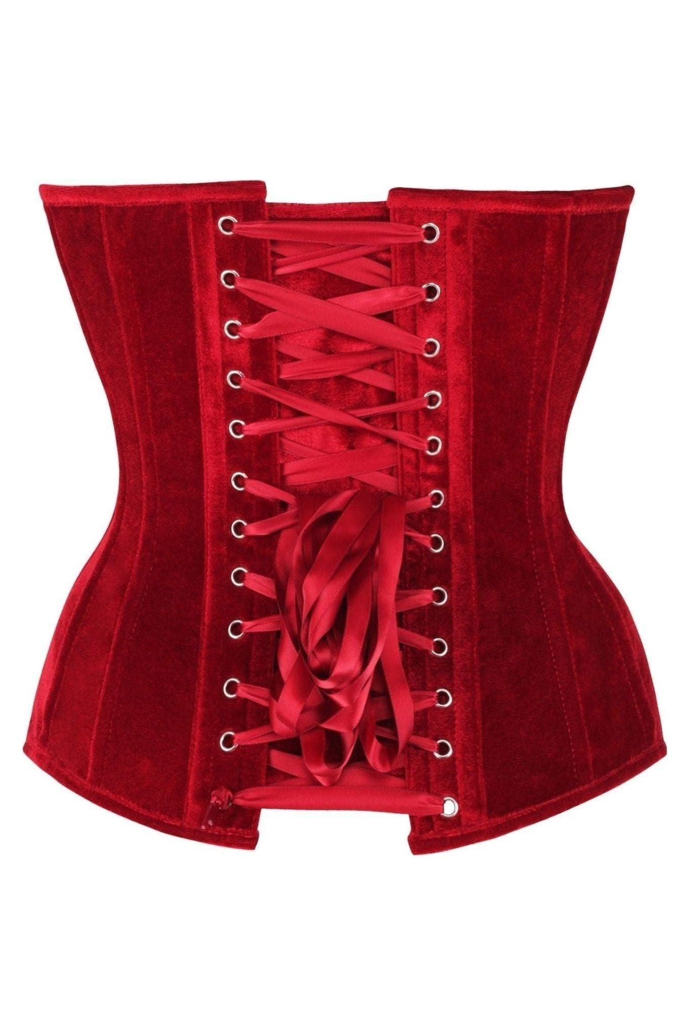 Top Drawer Steel Boned Dark Red Velvet Plunge Neckline Overbust Corset - Daisy Corsets