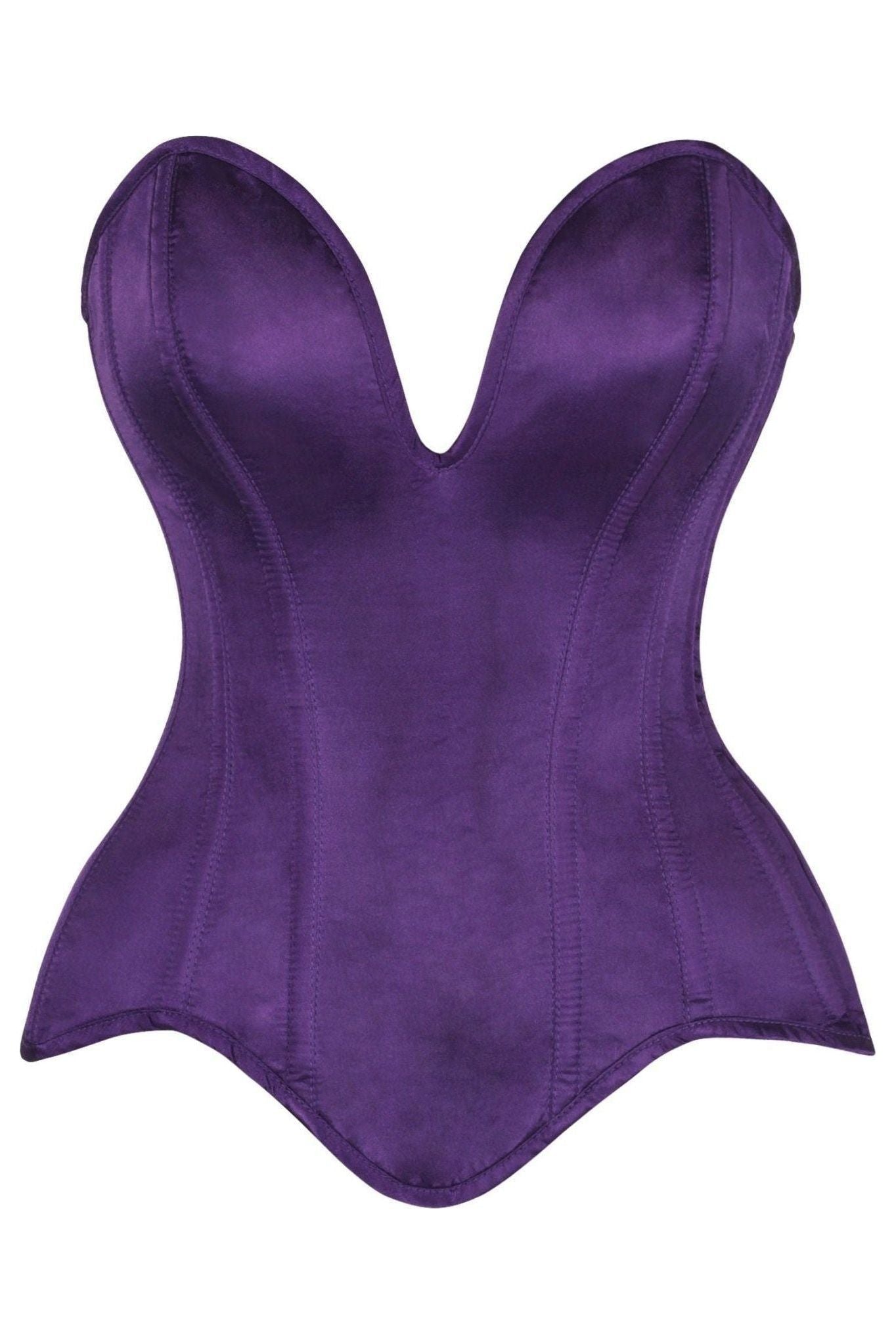 Top Drawer Steel Boned Plum Satin Plunge Neckline Overbust Corset - Daisy Corsets