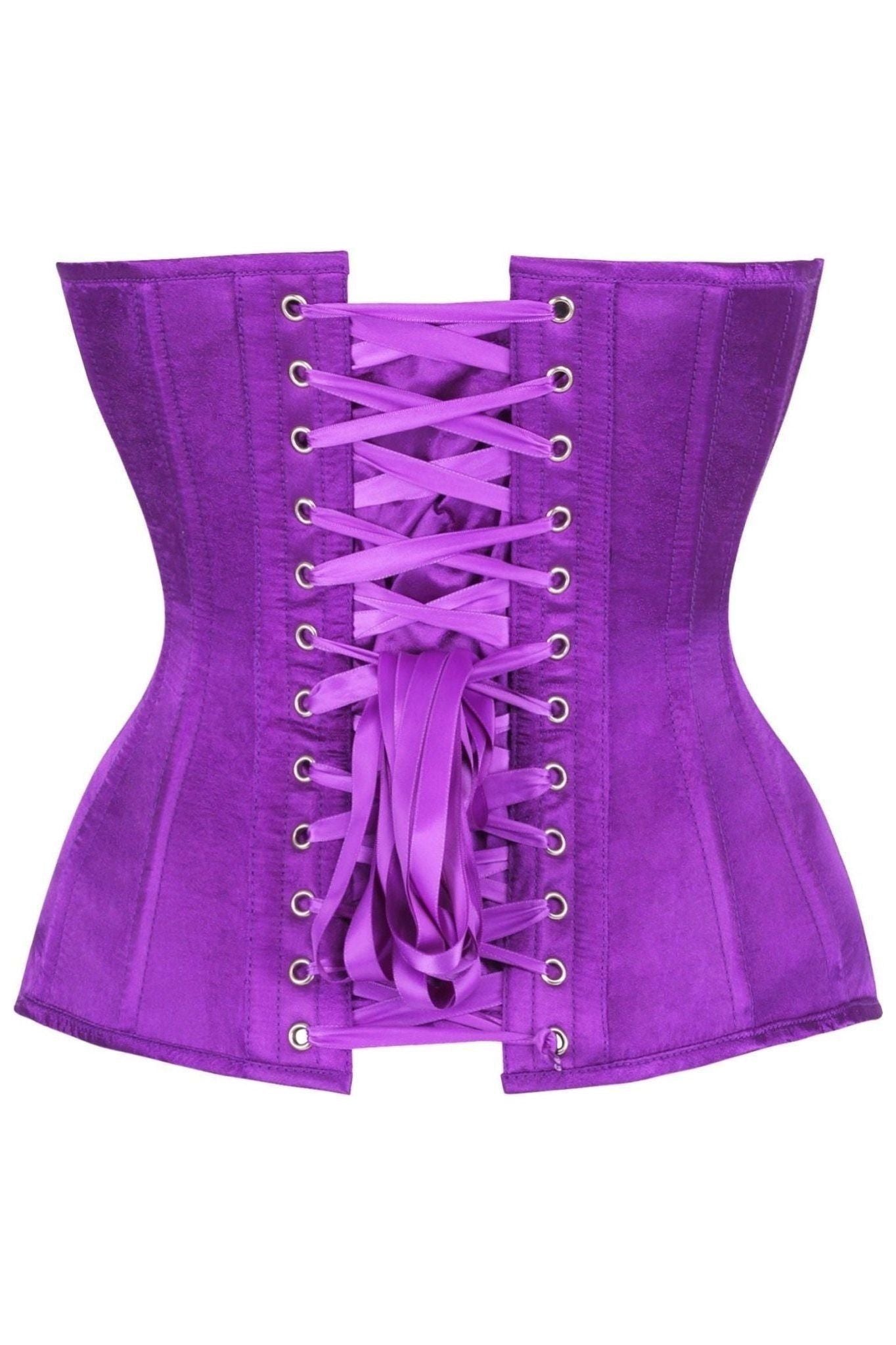 Top Drawer Steel Boned Purple Satin Plunge Neckline Overbust Corset - Daisy Corsets